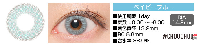 CHOUCHOU 1day ベイビーブルー ブルー DIA14.2mm 使用期限1day 度数±0.00～-8.00 着色直径13.2mm BC8.8mm 含水率38%