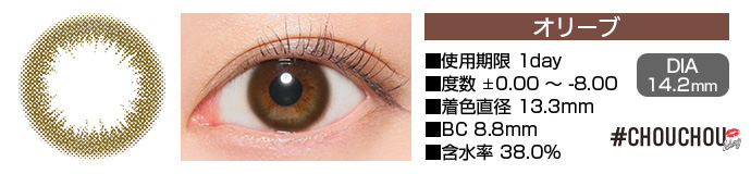 CHOUCHOU 1day オリーブ ブラウン DIA14.2mm 使用期限1day 度数±0.00～-8.00 着色直径13.3mm BC8.8mm 含水率38%