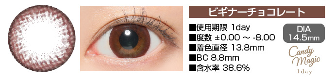 candymagic 1day BEGINNERチョコレート ブラウン DIA14.5mm 使用期限1day 度数±0.00～-8.00 着色直径13.8mm BC8.8mm 含水率38.6%