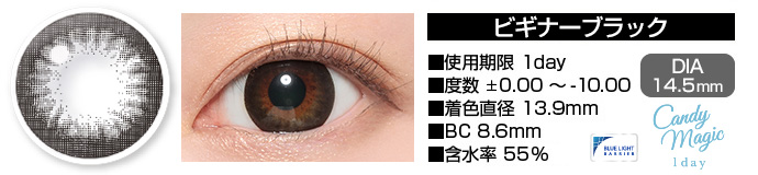 candymagic 1day ビギナーブラック DIA14.5mm 使用期限1day 度数±0.00～-10.00 着色直径13.9mm BC8.6mm 含水率55%