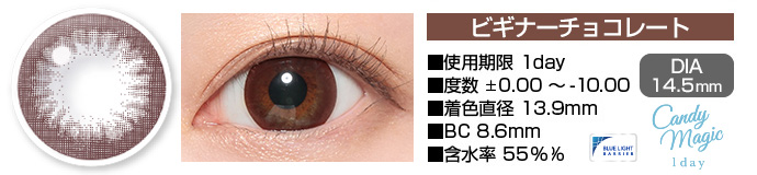 candymagic 1day ビギナーチョコレート ブラウン DIA14.5mm 使用期限1day 度数±0.00～-10.00 着色直径13.9mm BC8.6mm 含水率55%