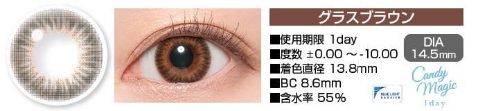 candymagic 1day グラスブラウン DIA14.5mm 使用期限1day 度数±0.00～-10.00 着色直径13.8mm BC8.6mm 含水率55%