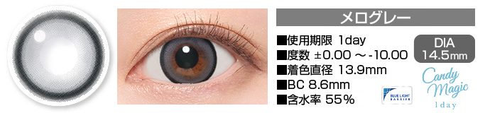 candymagic 1day メログレー DIA14.5mm 使用期限1day 度数±0.00～-10.00 着色直径13.9mm BC8.6mm 含水率55%