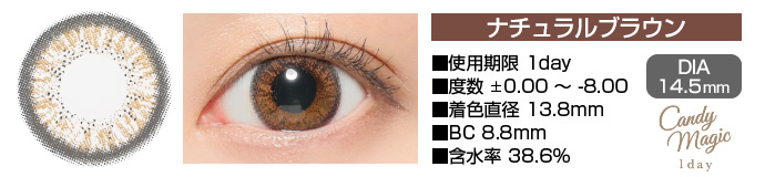 candymagic 1day NATURALブラウン DIA14.5mm 使用期限1day 度数±0.00～-8.00 着色直径13.8mm BC8.8mm 含水率38.6%