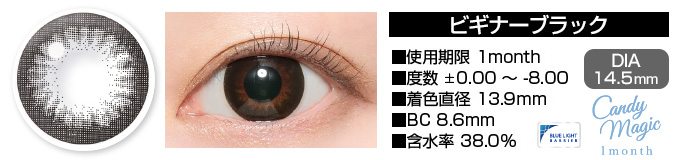 candymagic 1month ビギナーブラック DIA14.5mm 使用期限1month 度数±0.00～-8.00 着色直径13.9mm BC8.6mm 含水率38.0%