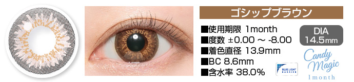 candymagic 1month GOSSIPブラウン DIA14.5mm 使用期限1month 度数±0.00～-8.00 着色直径13.9mm BC8.6mm 含水率38.0%