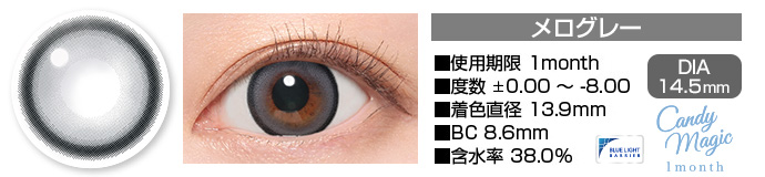 candymagic 1month メログレー DIA14.5mm 使用期限1month 度数±0.00～-8.00 着色直径13.9mm BC8.6mm 含水率38.0%