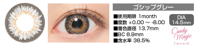 candymagic 1month GOSSIPグレー DIA14.5mm 使用期限1month 度数±0.00～-8.00 着色直径13.7mm BC8.9mm 含水率38.5%