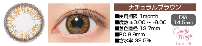 candymagic 1month NATURALブラウン DIA14.5mm 使用期限1month 度数±0.00～-8.00 着色直径13.7mm BC8.9mm 含水率38.5%