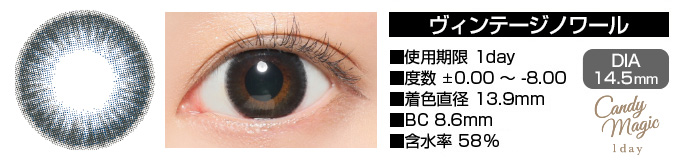 candymagic 1day ヴィンテージノワール ブラック DIA14.5mm 使用期限1day 度数±0.00～-8.00 着色直径13.9mm BC8.6mm 含水率58%