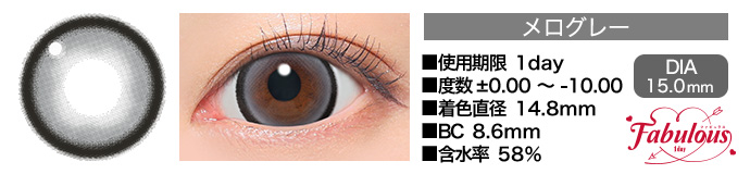Fabulous 1day メログレー DIA15.0mm 使用期限1day 度数±0.00～-10.00 着色直径14.8mm BC8.6mm 含水率58%