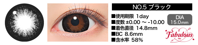 Fabulous 1day no5ブラック DIA15.0mm 使用期限1day 度数±0.00～-10.00 着色直径14.8mm BC8.6mm 含水率58%