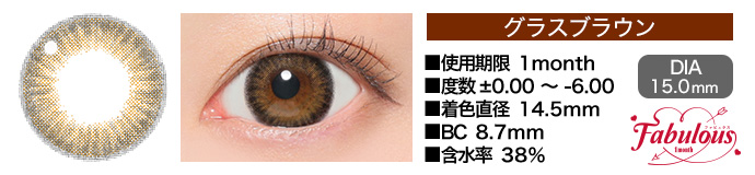 Fabulous 1month グラスブラウン DIA15.0mm 使用期限1month 度数±0.00～-6.00 着色直径14.5mm BC8.7mm 含水率38%