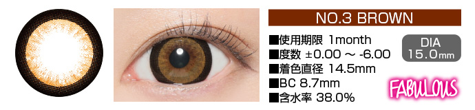 FABULOUS no3 BROWN 1month ブラウン DIA15.0mm 使用期限1month 度数±0.00～-6.00 着色直径14.5mm BC8.7mm 含水率38.5%