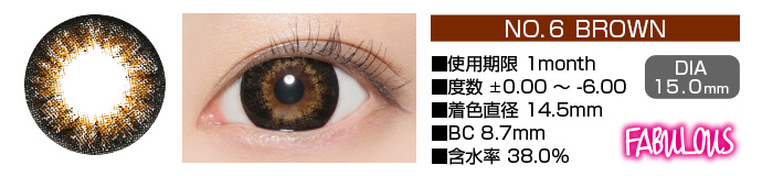 FABULOUS no6 BROWN 1month ブラウン DIA15.0mm 使用期限1month 度数±0.00～-6.00 着色直径14.5mm BC8.7mm 含水率38.5%