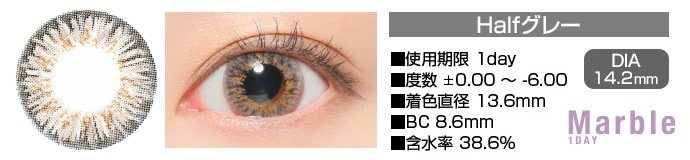 Marble 1day Halfグレー DIA14.2mm 使用期限1day 度数±0.00～-6.00 着色直径13.6mm BC8.6mm 含水率38.6%