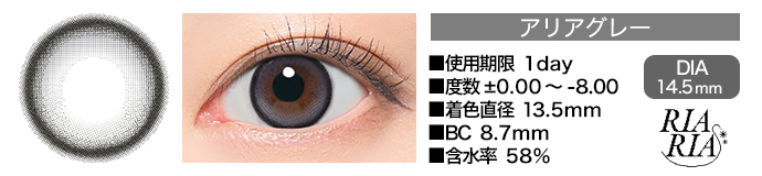 RIARIA 1day アリアグレー DIA14.5mm 使用期限1day 度数±0.00～-8.00 着色直径13.5mm BC8.7mm 含水率58%