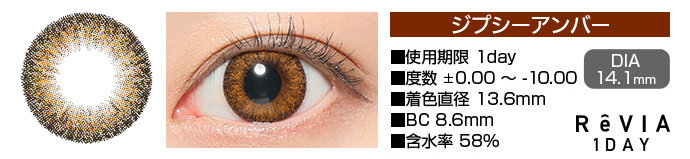 ReVIA 1day ジプシーアンバー ブラウン DIA14.1mm 使用期限1day 度数±0.00～-10.00 着色直径13.6mm BC8.6mm 含水率58%