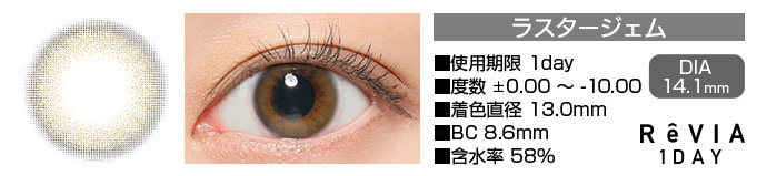 ReVIA 1day ラスタージェム グレー DIA14.1mm 使用期限1day 度数±0.00～-10.00 着色直径13.0mm BC8.6mm 含水率58%