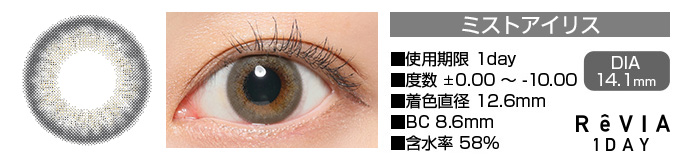 ReVIA 1day ミストアイリス グレー DIA14.1mm 使用期限1day 度数±0.00～-10.00 着色直径12.6mm BC8.6mm 含水率58%