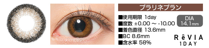 ReVIA 1day プラリネブラン ブラウン DIA14.1mm 使用期限1day 度数±0.00～-10.00 着色直径13.6mm BC8.6mm 含水率58%