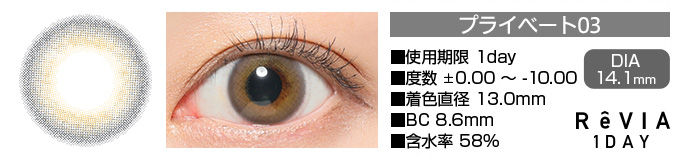 ReVIA 1day プライベート03 グレー DIA14.1mm 使用期限1day 度数±0.00～-10.00 着色直径13.0mm BC8.6mm 含水率58%