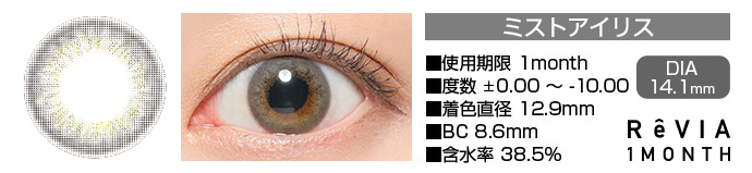 ReVIA 1month ミストアイリス グレー DIA14.1mm 使用期限1month 度数±0.00～-10.00 着色直径12.9mm BC8.6mm 含水率38.5%