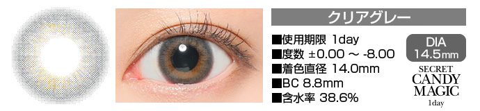 secretcandymagic 1day クリアグレー DIA14.5mm 使用期限1day 度数±0.00～-8.00 着色直径14.0mm BC8.8mm 含水率38.6%