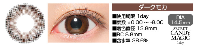 secretcandymagic 1day ダークモカ ブラウン DIA14.5mm 使用期限1day 度数±0.00～-8.00 着色直径13.8mm BC8.8mm 含水率38.6%