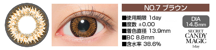 secretcandymagic 1day no7ブラウン DIA14.5mm 使用期限1day 度数±0.00 着色直径13.9mm BC8.8mm 含水率38.6%