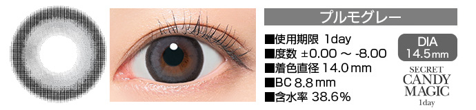 secretcandymagic 1day プリモグレー DIA14.5mm 使用期限1day 度数±0.00～-8.00 着色直径14.0mm BC8.8mm 含水率38.6%
