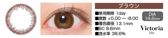 Victoria 1day ブラウン DIA14.2mm 使用期限1day 度数±0.00～-8.00 着色直径13.1mm BC8.6mm 含水率38.6%