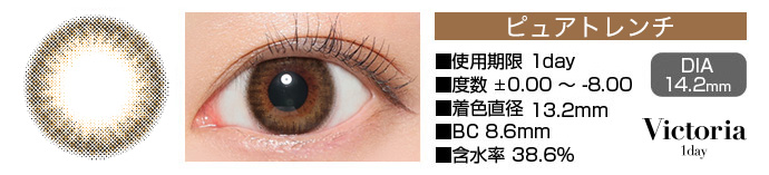 Victoria 1day ピュアトレンチ ブラウン DIA14.2mm 使用期限1day 度数±0.00～-8.00 着色直径13.2mm BC8.6mm 含水率38.6%