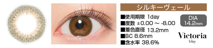 Victoria 1day シルキーヴェール ブラウン DIA14.2mm 使用期限1day 度数±0.00～-8.00 着色直径13.2mm BC8.6mm 含水率38.6%