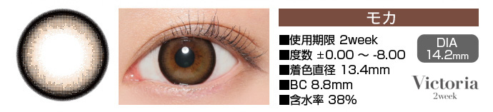 Victoria 2week モカ ブラウン DIA14.2mm 使用期限2week 度数±0.00～-8.00 着色直径13.4mm BC8.8mm 含水率38%