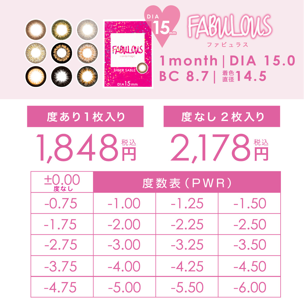 度なし1枚入り1,848円(税込)/度なし2枚入り2,178円(税込) 度数表