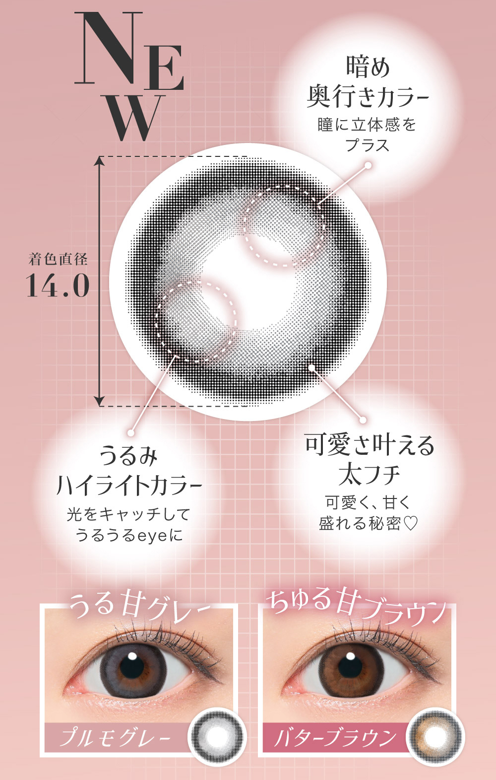 NEW 暗め奥行きカラー 瞳に立体感をプラス 着色直径14.0 うるみ
            ハイライトカラー 光をキャッチしてうるうるeyeに 可愛さ叶える太フチ可愛く、甘く盛れる秘密?