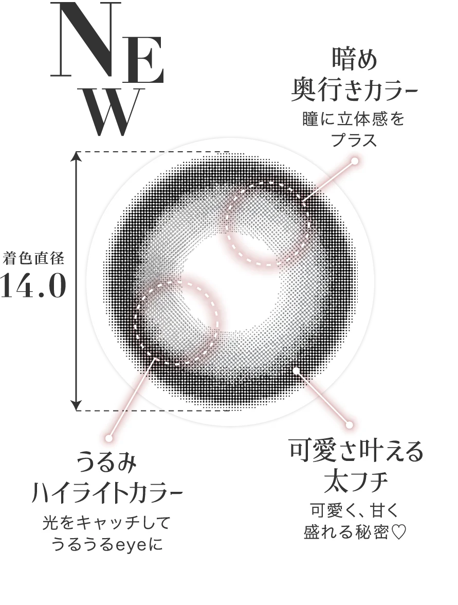 NEW 暗め奥行きカラー 瞳に立体感をプラス うるみハイライトカラー 光をキャッチしてうるうるeyeに 可愛さ叶える太フチ 可愛く、甘く盛れる秘密 着色直径14.0