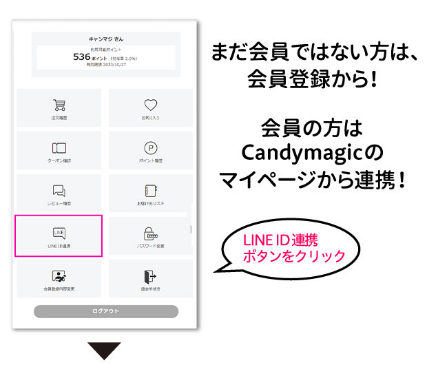 まだ会員ではない方は、会員登録から！会員の方はCandymagicのマイページから連携！